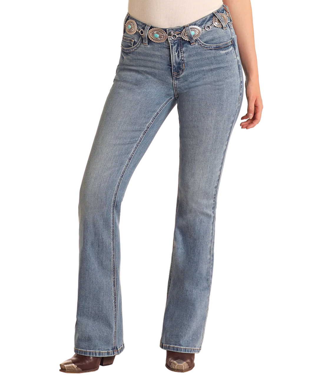 Womens Rock&Roll Mid Rise Medium Wash Boot Stitch Bootcut Jeans
