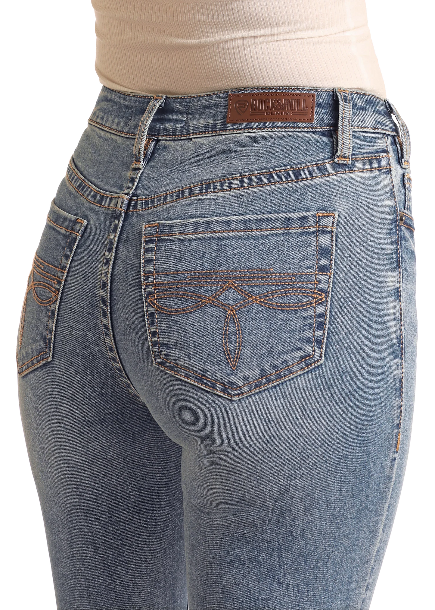 Womens Rock&Roll Mid Rise Medium Wash Boot Stitch Bootcut Jeans