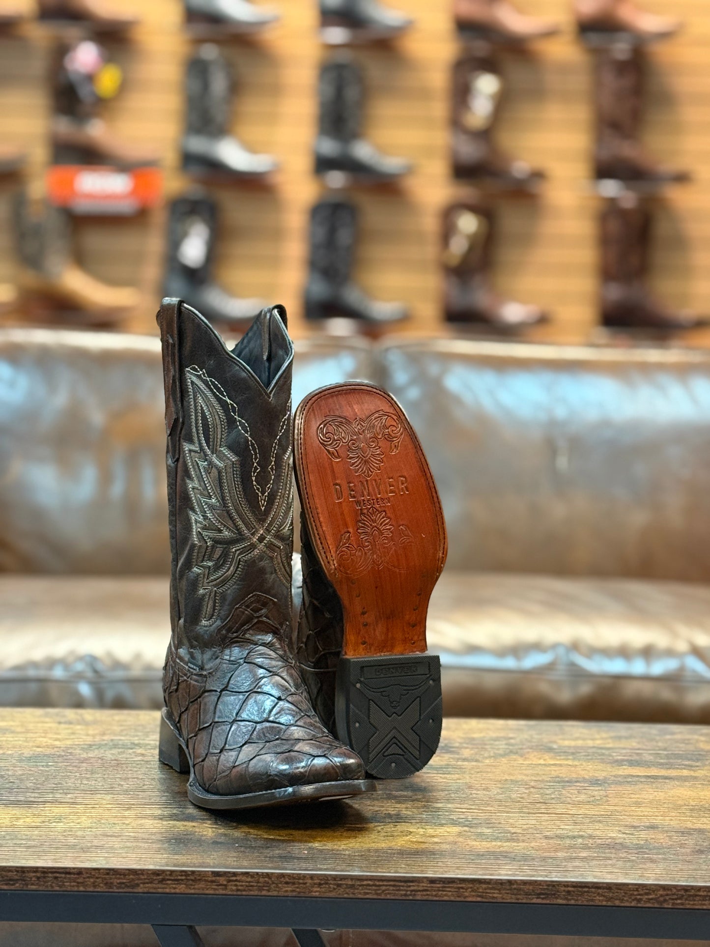 Denver Boots Pirarucu Fish Print Square Toe Brown