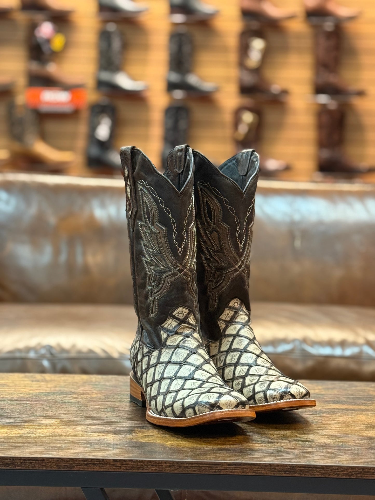 Denver Boots Pirarucu Fish Print Square Toe Natural