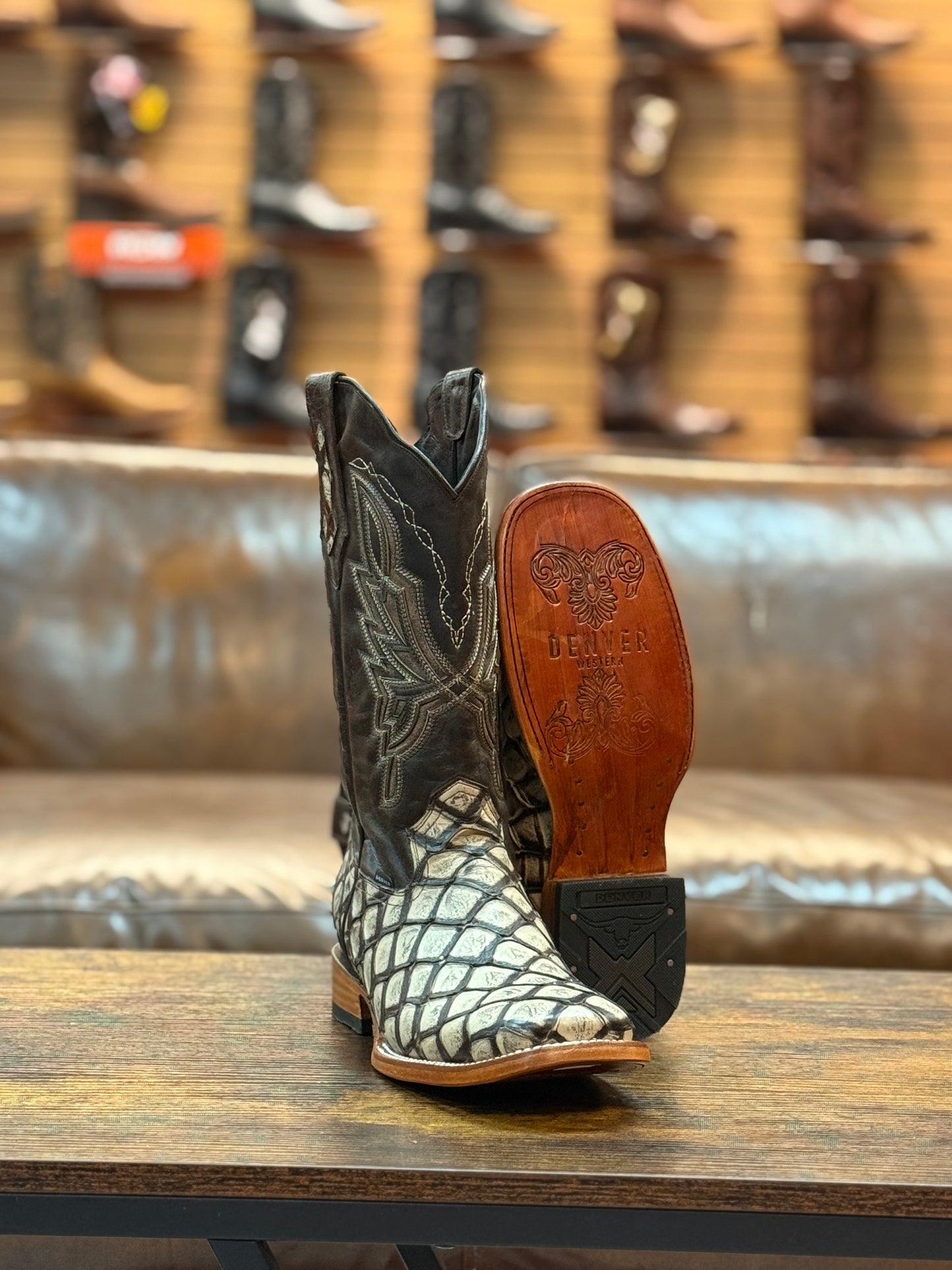 Denver Boots Pirarucu Fish Print Square Toe Natural