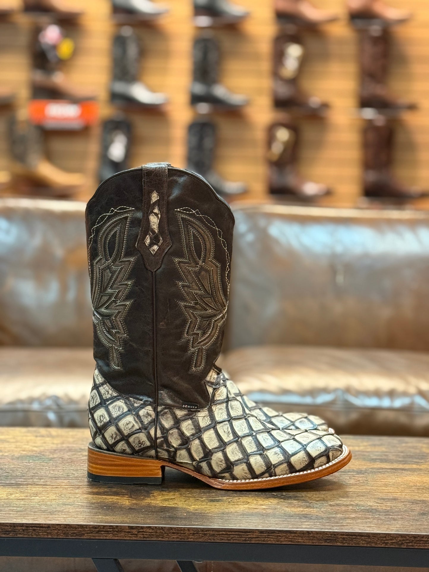 Denver Boots Pirarucu Fish Print Square Toe Natural