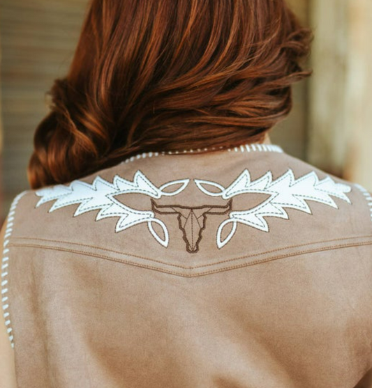 Women Western Vintage Concho Vest - Camel Suede