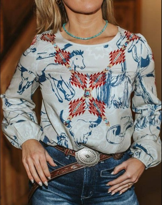 Ivory Western Printed - Elastic Cuff Top