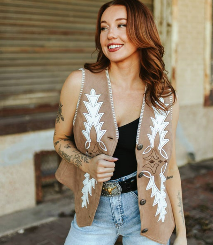 Women Western Vintage Concho Vest - Camel Suede