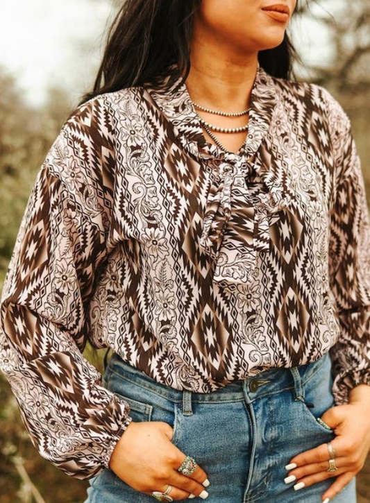 Brown Tooled Aztec Print Blouse
