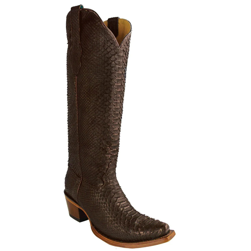 Women's Genuine Python Skin Snip Toe Tall Boots Nobuck Brown Color - Los Altos Boots