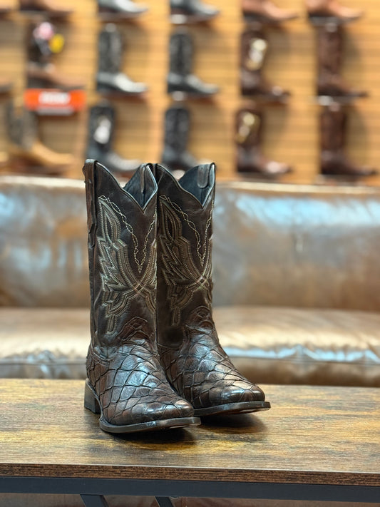 Denver Boots Pirarucu Fish Print Square Toe Brown