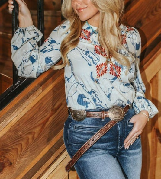 Ivory Western Printed - Elastic Cuff Top