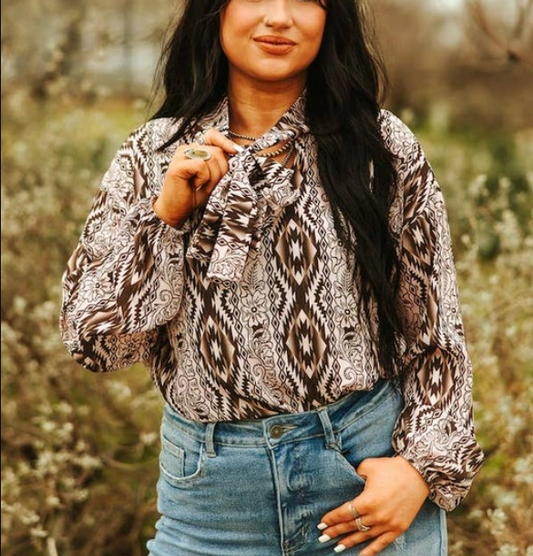 Brown Tooled Aztec Print Blouse