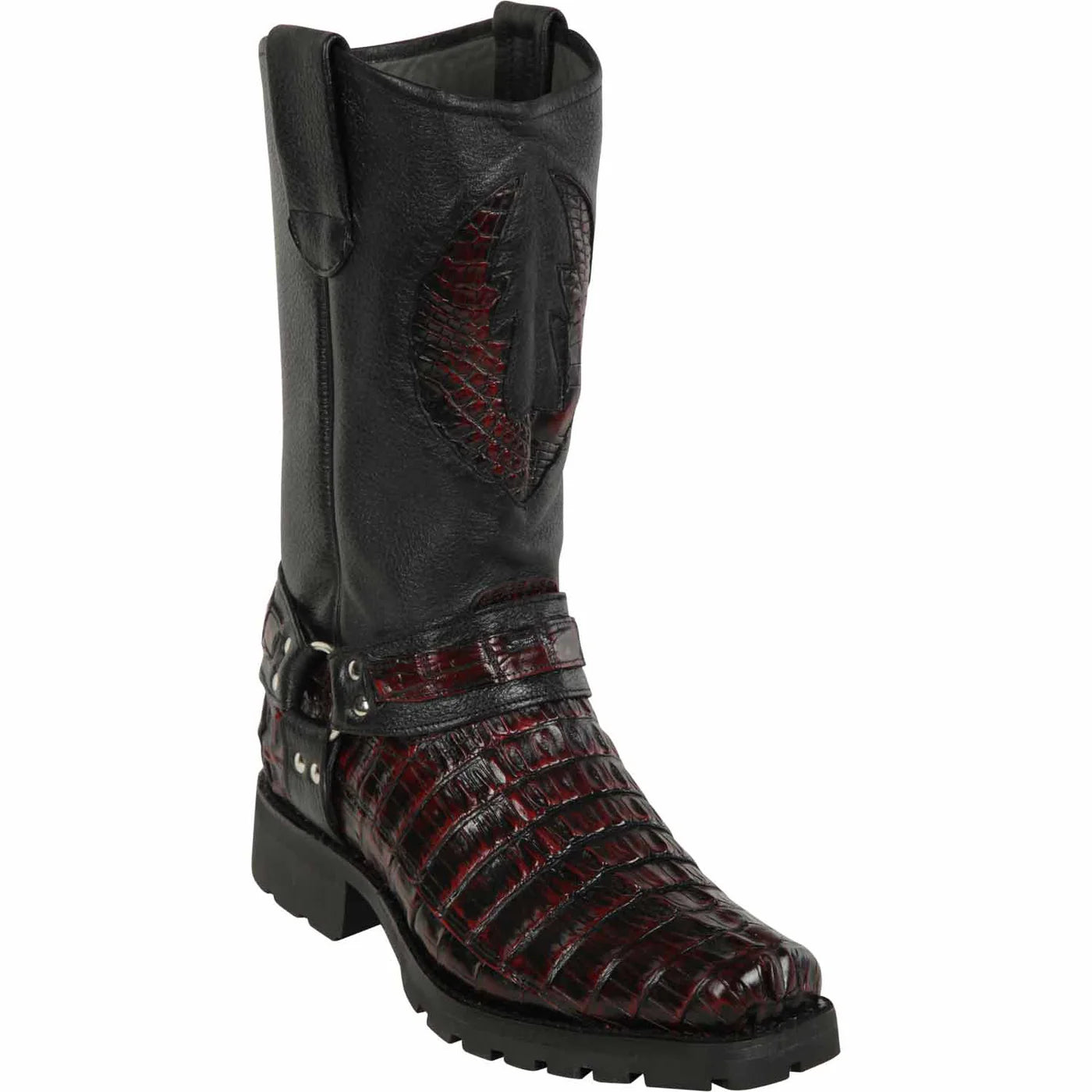 Men's Genuine Caiman Tail Skin Black Cherry Biker Boots - Los Altos Boots