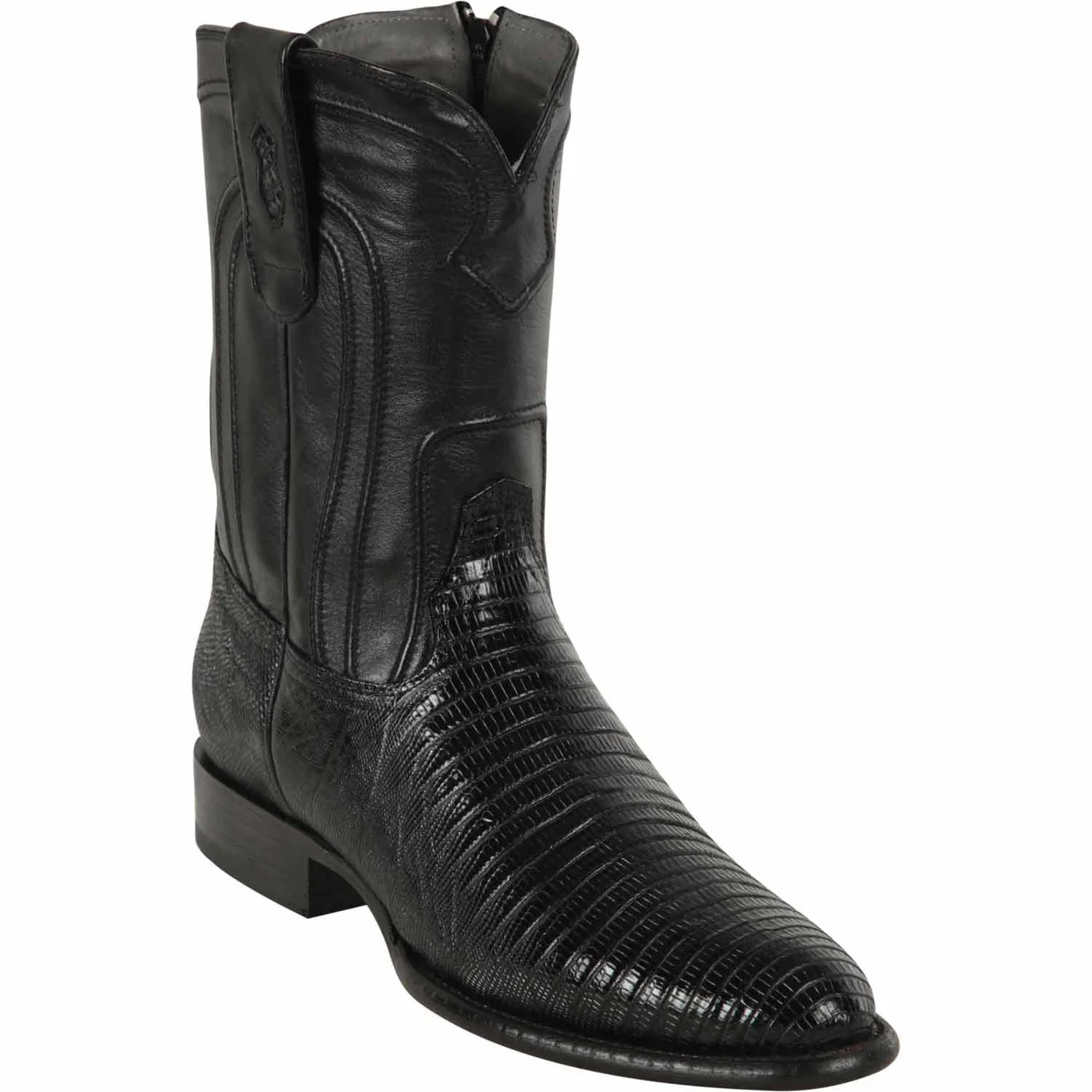 Men's Genuine Teju Lizard Skin Roper Toe Boots With Zipper Black Color - Los Altos Boots