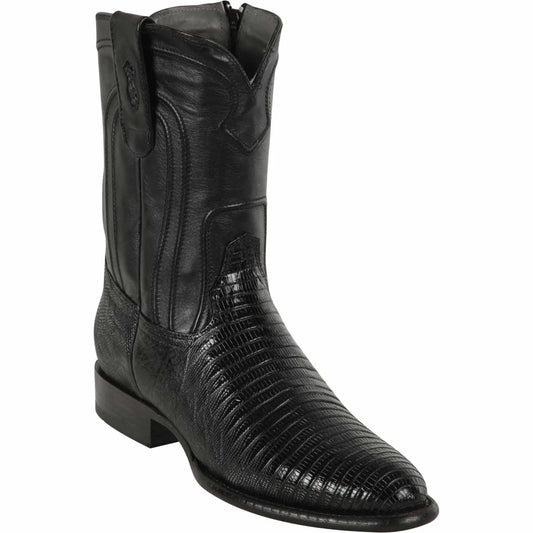 Men's Genuine Teju Lizard Skin Roper Toe Boots With Zipper Black Color - Los Altos Boots