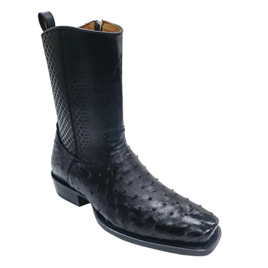 Men's Genuine Ostrich Skin 7x Toe Short Boots With Zipper Black Color - Los Altos Boots