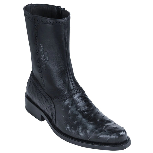 Men's Genuine Ostrich Skin Round Toe Short Boots With Zipper Black Color - Los Altos Boots