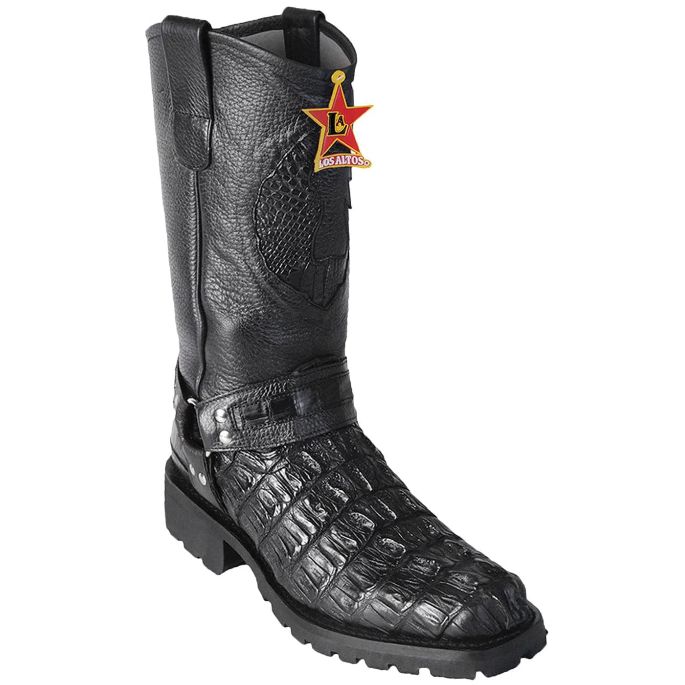 Men's Genuine Caiman Tail Skin Black Biker Boots - Los Altos Boots