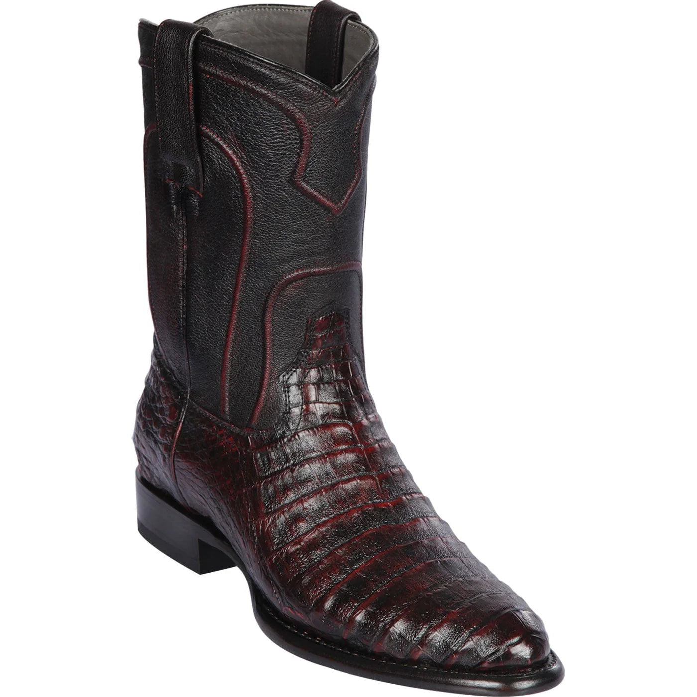 Men's Genuine Caiman Belly Skin Roper Toe Boots Black Cherry Color - Los Altos Boots